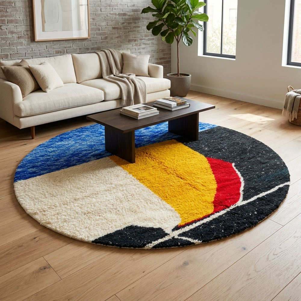 Handmade round Moroccan wool rug with abstract color-block design in blue, cream, yellow, black, and red, featuring a soft shag texture.