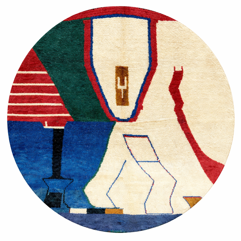 Round Moroccan wool rug featuring an abstract symbolic design in cream, red, blue, green, black, and ochre.
