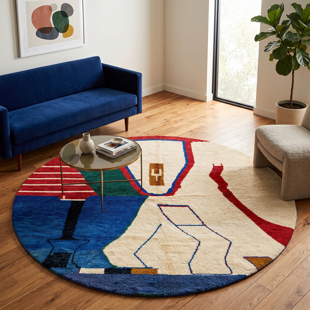 Round Moroccan wool rug featuring an abstract symbolic design in cream, red, blue, green, black, and ochre.