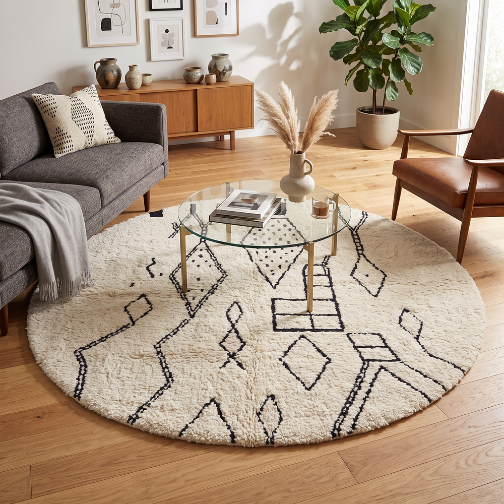 Handmade round Moroccan wool rug with traditional Berber symbols, featuring black geometric motifs on an white wool base.