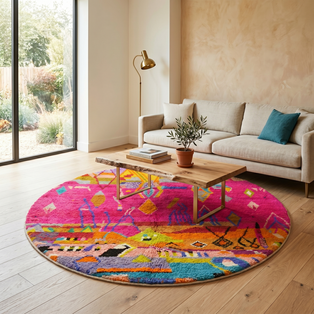 Round Moroccan wool rug with colorful abstract Berber design on pink background