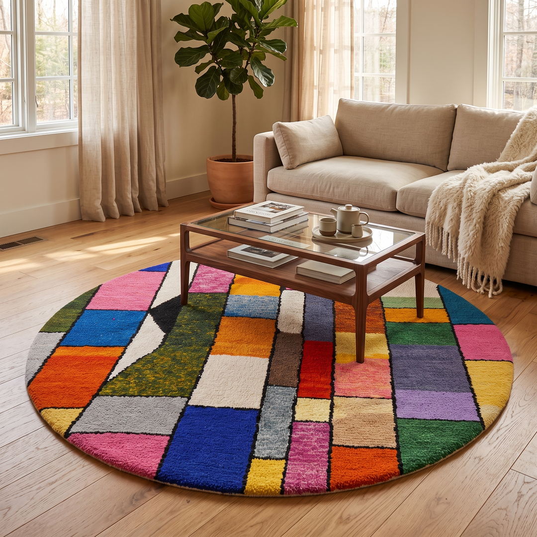 Handmade round Moroccan wool rug with colorful geometric block design, featuring vibrant orange, pink, blue, green, yellow, and black tones.