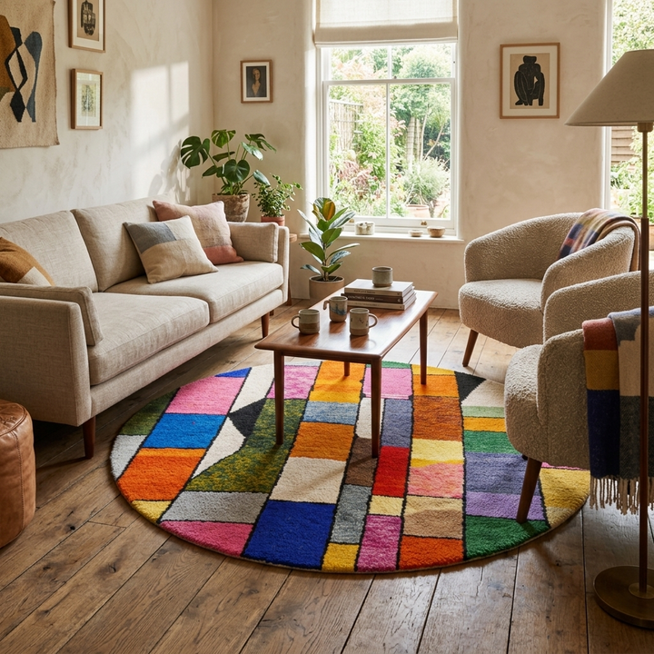 Handmade round Moroccan wool rug with colorful geometric block design, featuring vibrant orange, pink, blue, green, yellow, and black tones.
