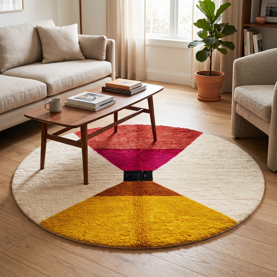 Handmade round Moroccan wool rug with bold geometric color-block design in red, magenta, brown, black, and yellow on an white base.