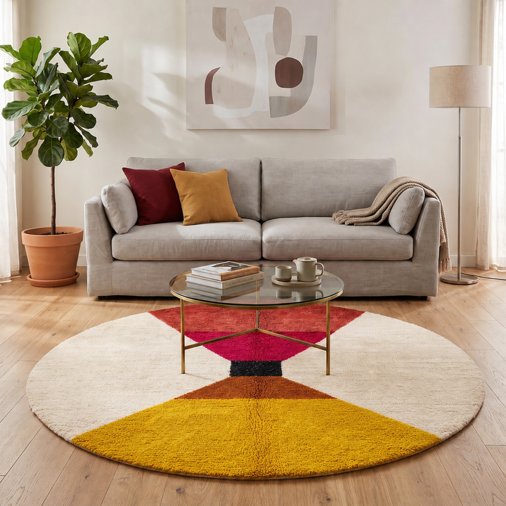 Handmade round Moroccan wool rug with bold geometric color-block design in red, magenta, brown, black, and yellow on an white base.