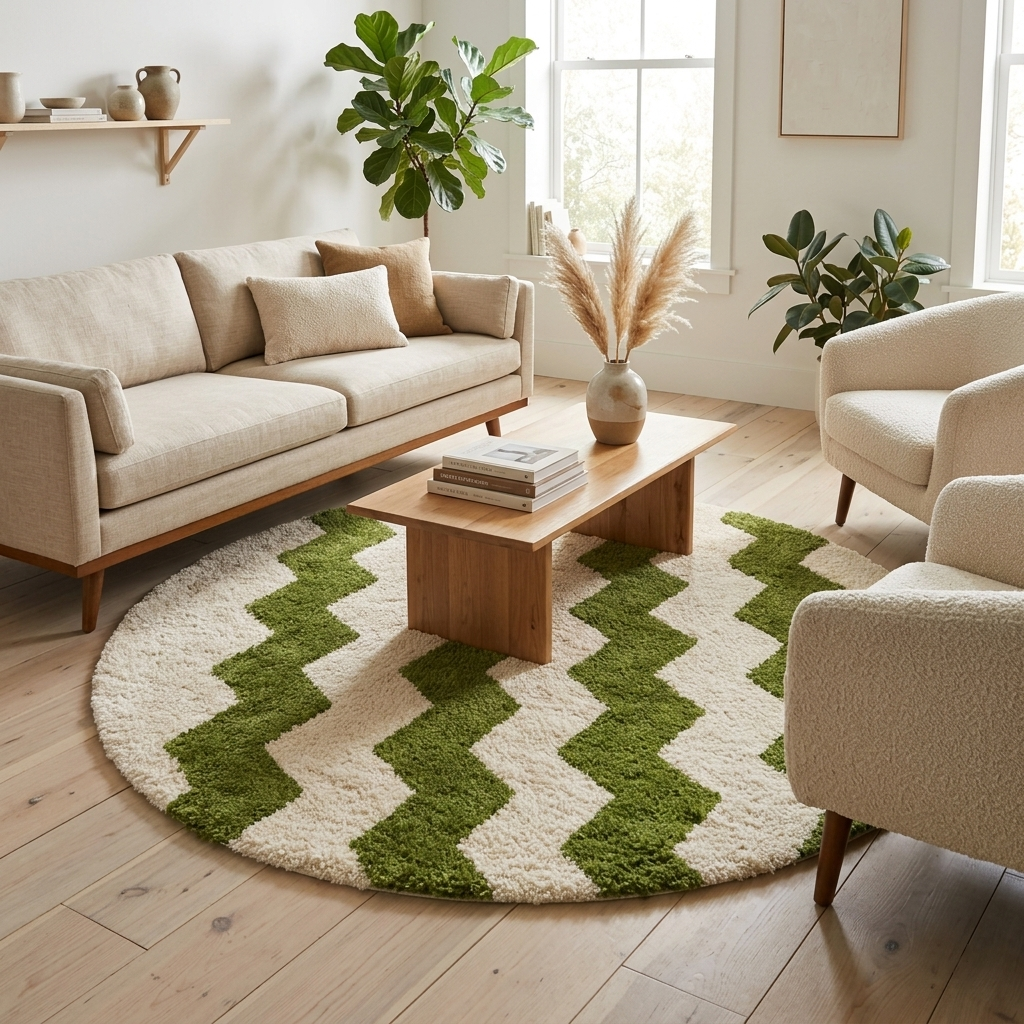 Round handmade Moroccan wool rug with green zigzag chevron pattern on cream background