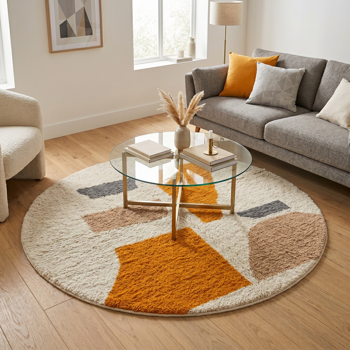 Round Moroccan wool rug with modern abstract Berber design in earth tones