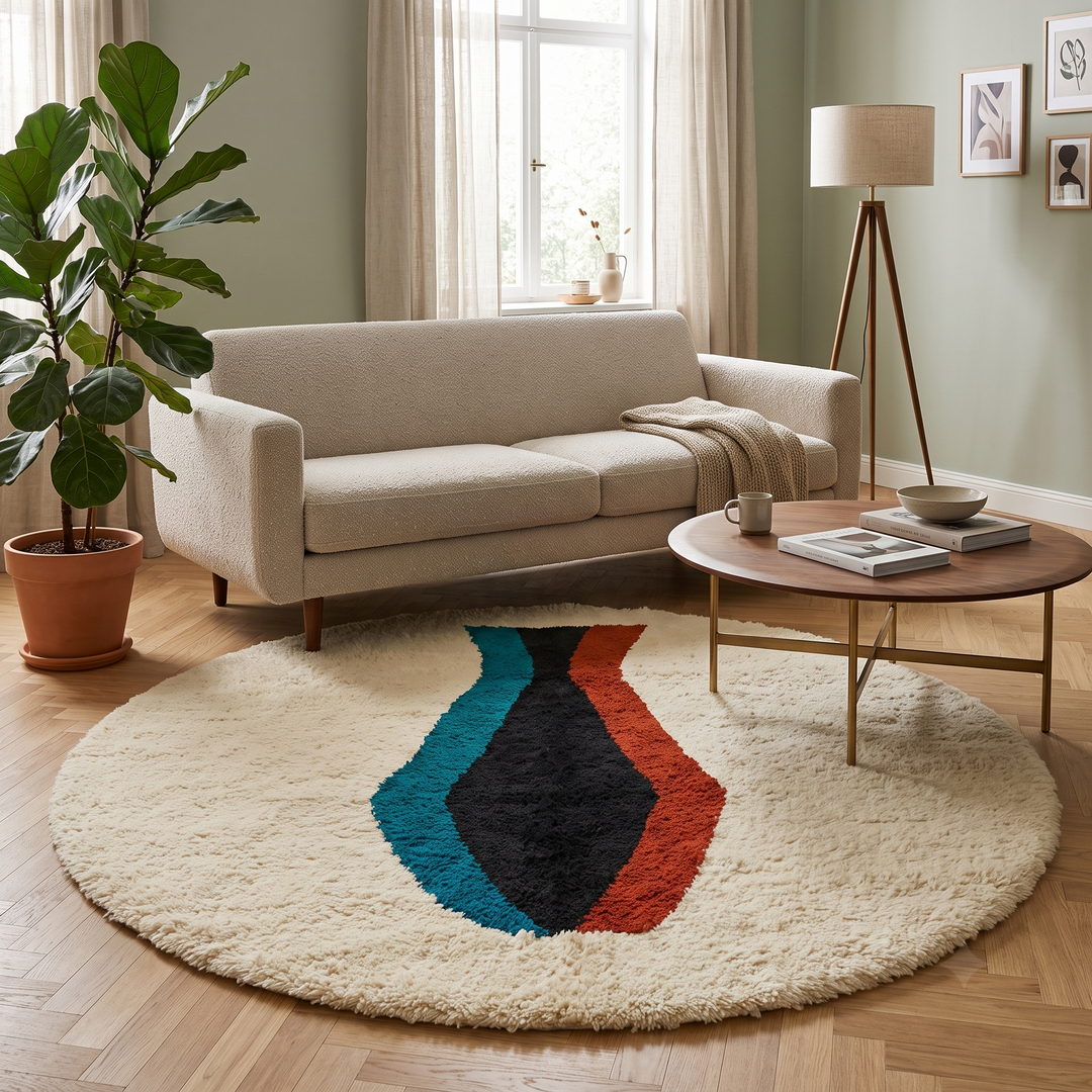 Round Moroccan Wool Rug – Modern Berber Art Motif