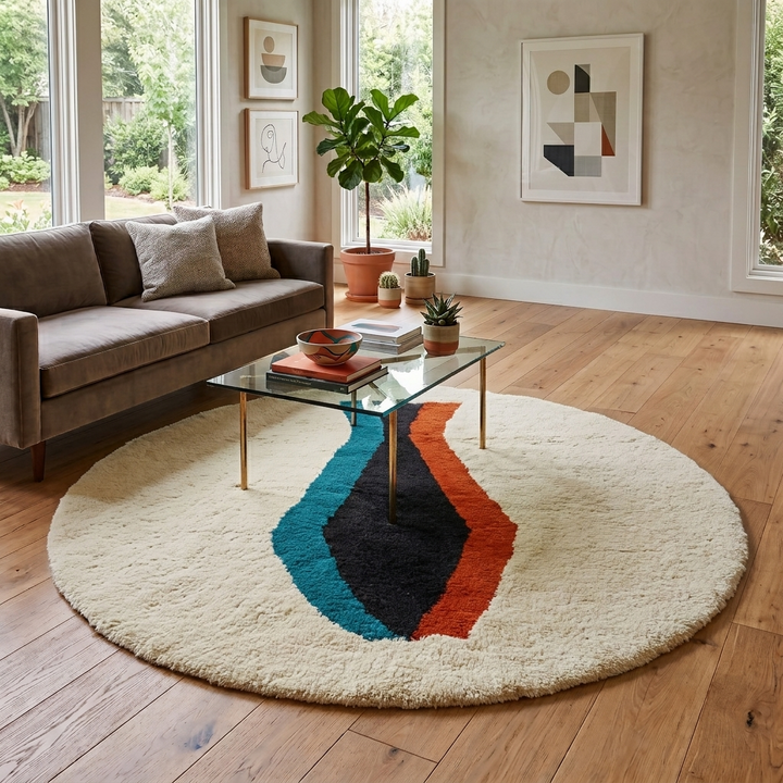 Round Moroccan Wool Rug – Modern Berber Art Motif