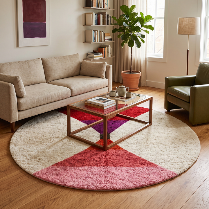 Handmade round Moroccan wool rug with modern geometric design, featuring cream base and bold red, burgundy, purple, orange, and pink color blocks.