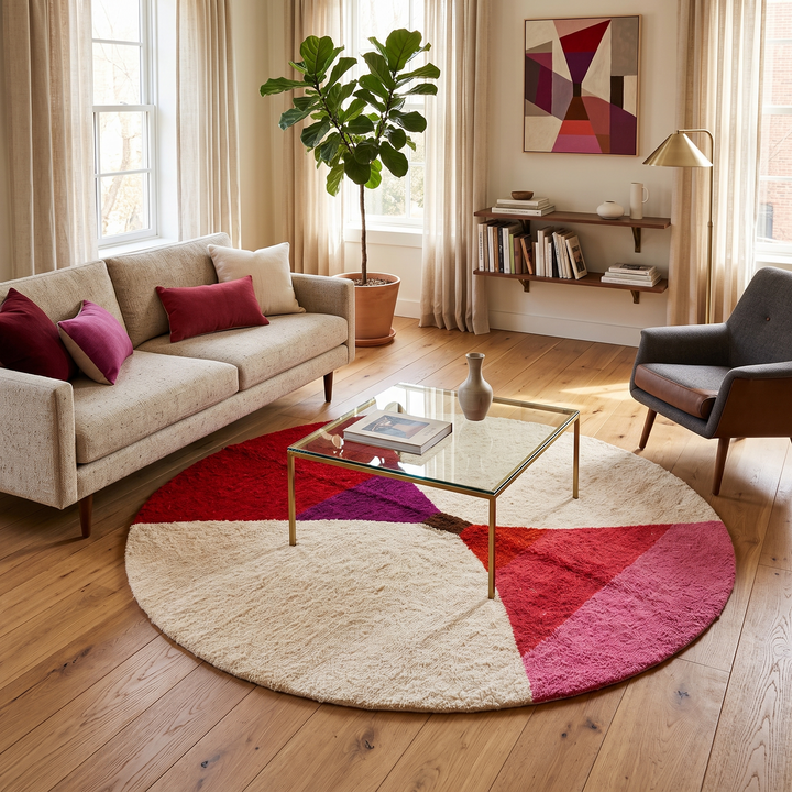 Handmade round Moroccan wool rug with modern geometric design, featuring cream base and bold red, burgundy, purple, orange, and pink color blocks.