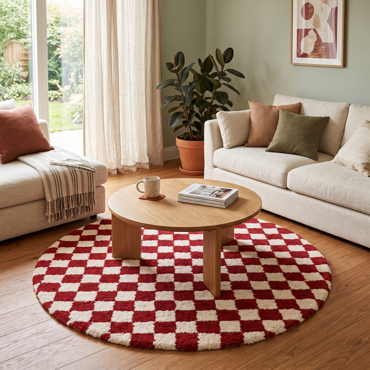 Round red and white checkered Moroccan wool rug