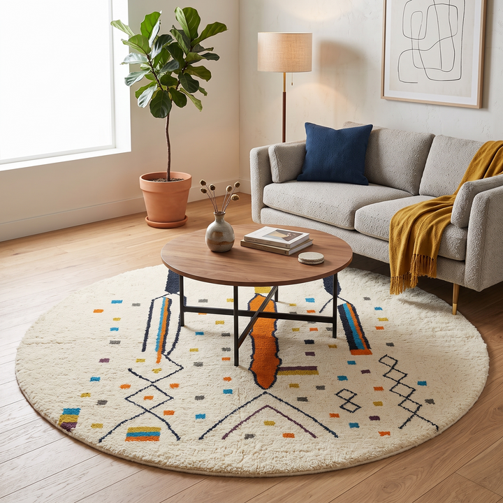 Round Moroccan wool rug with a white base and colorful abstract geometric motifs in orange, mustard, blue, teal, and black.