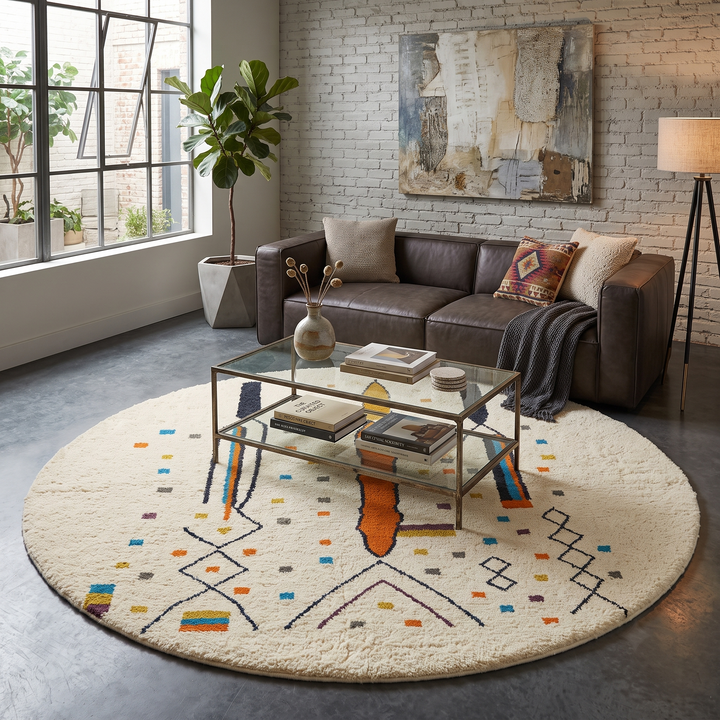 Round Moroccan wool rug with a white base and colorful abstract geometric motifs in orange, mustard, blue, teal, and black.