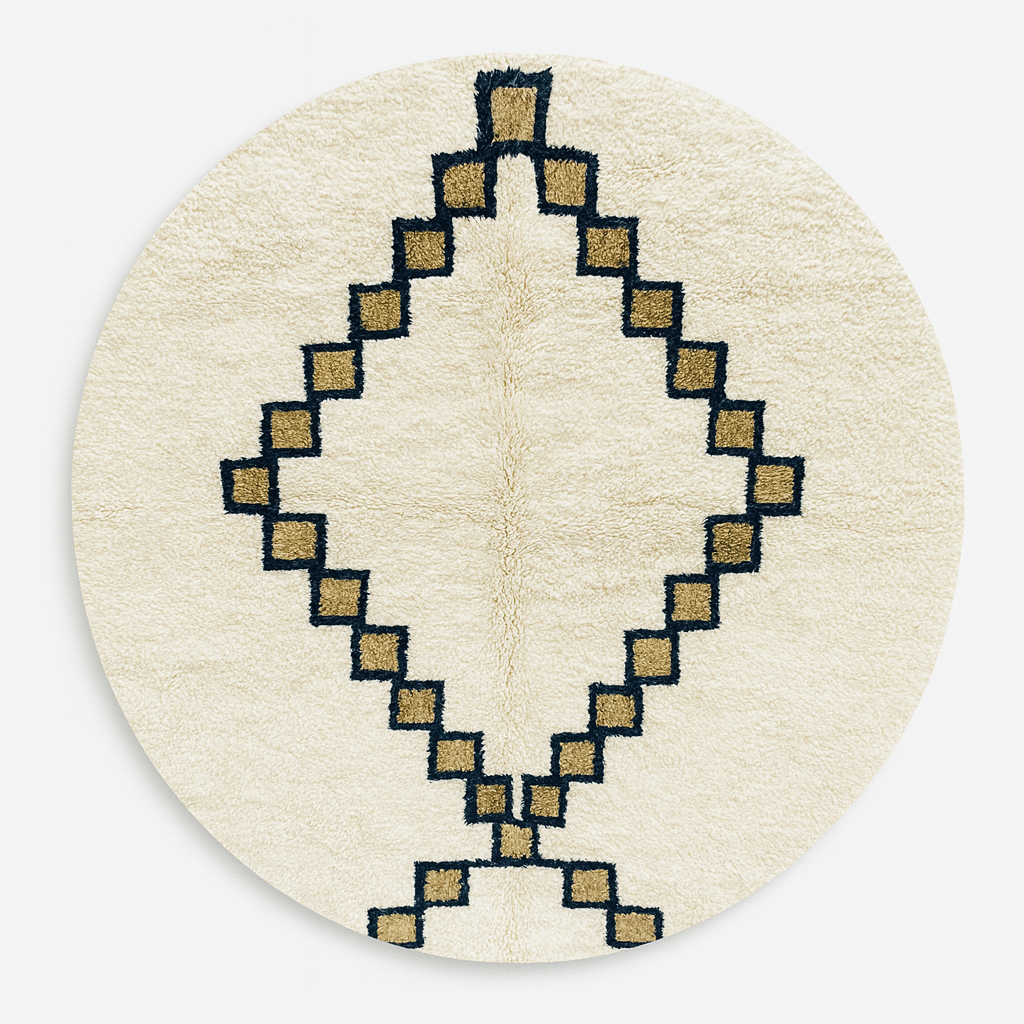 Round ivory Moroccan wool rug with black and tan geometric diamond pattern in a modern neutral living room.