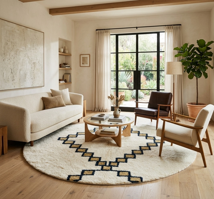 Round ivory Moroccan wool rug with black and tan geometric diamond pattern in a modern neutral living room.