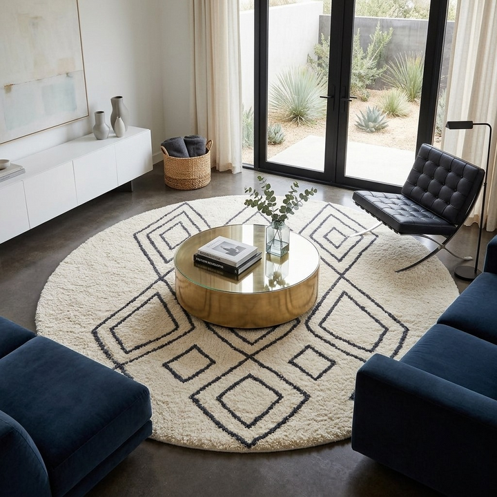 Round Moroccan wool rug in white with black Berber diamond pattern, handmade by artisans