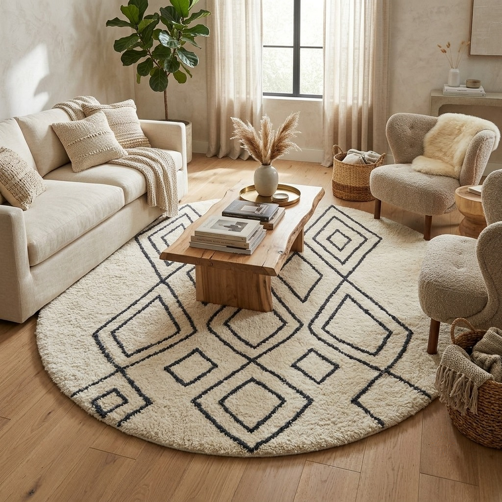 Round Moroccan wool rug in white with black Berber diamond pattern, handmade by artisans