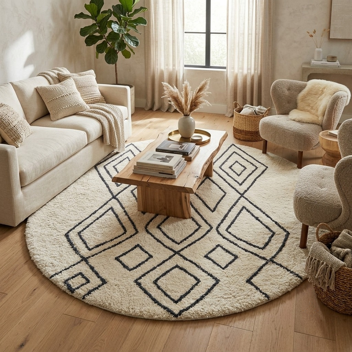 Round Moroccan wool rug in white with black Berber diamond pattern, handmade by artisans