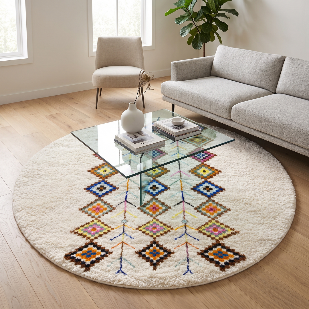 Round Moroccan wool rug with colorful Berber diamond patterns on an white background