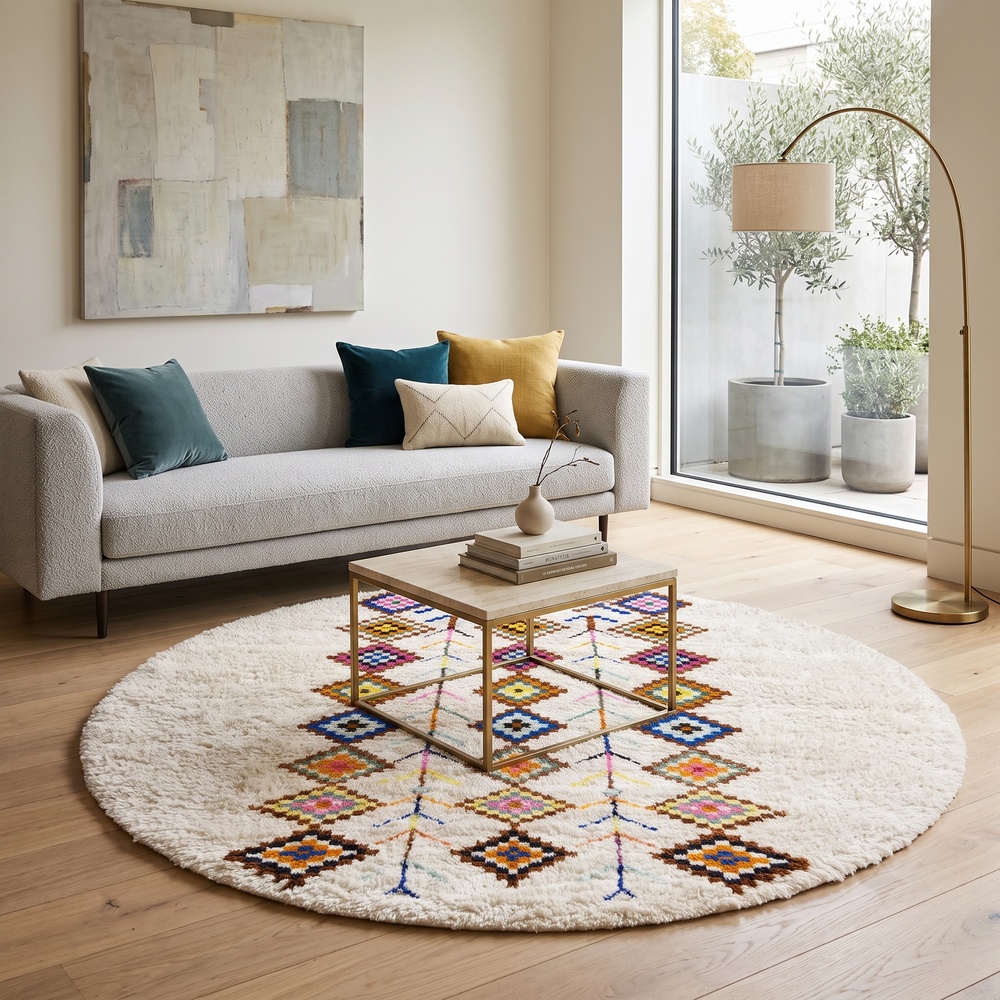 Round Moroccan wool rug with colorful Berber diamond patterns on an white background