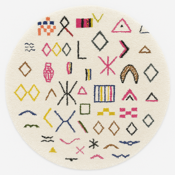 Round Moroccan wool rug with colorful Berber tribal symbols on a white background