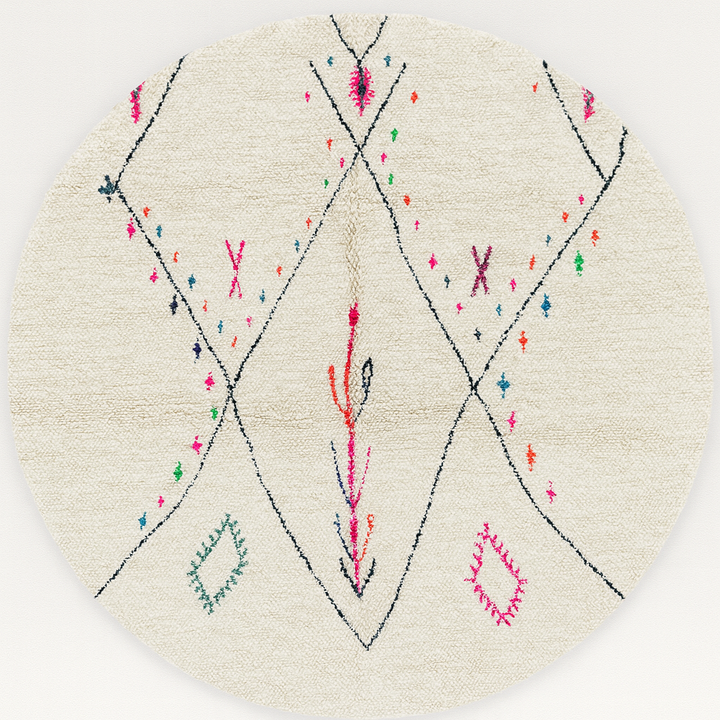 Round Moroccan wool rug with minimal Berber symbols on a white  background