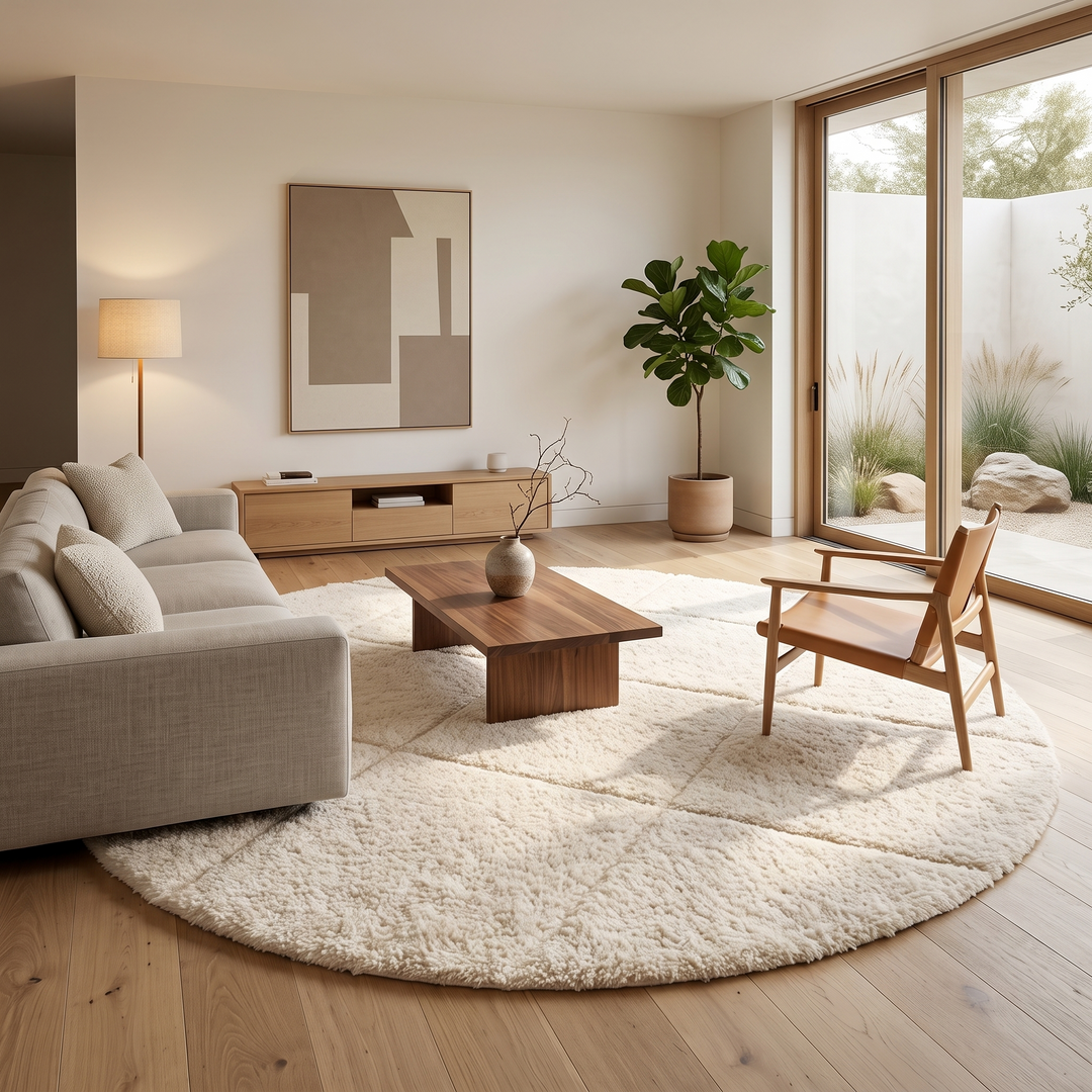Round Moroccan wool rug with white color and hand-carved diamond lines