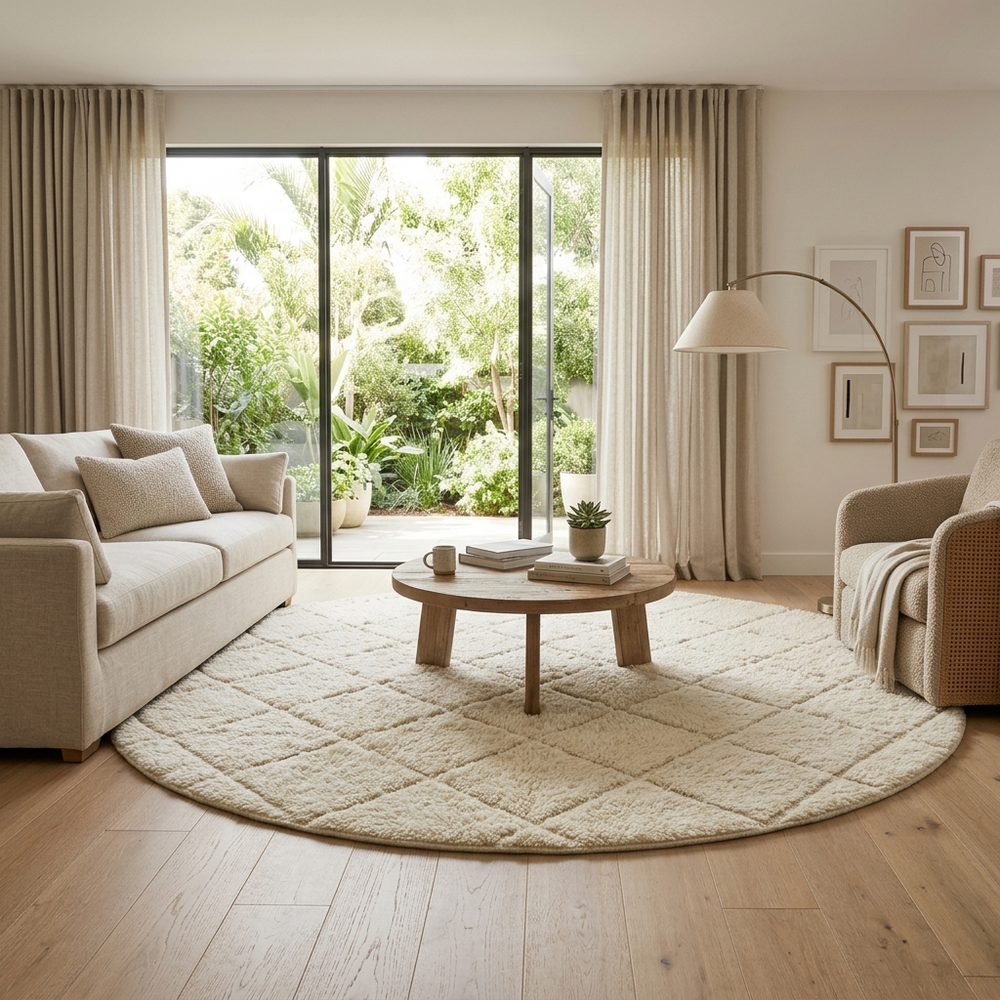Round Moroccan wool rug with white color and hand-carved diamond lines