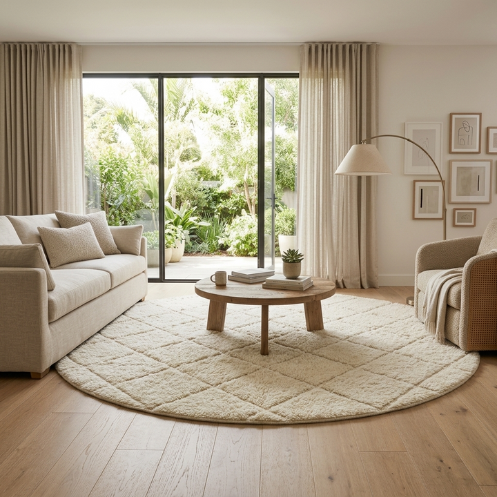 Round Moroccan wool rug with white color and hand-carved diamond lines