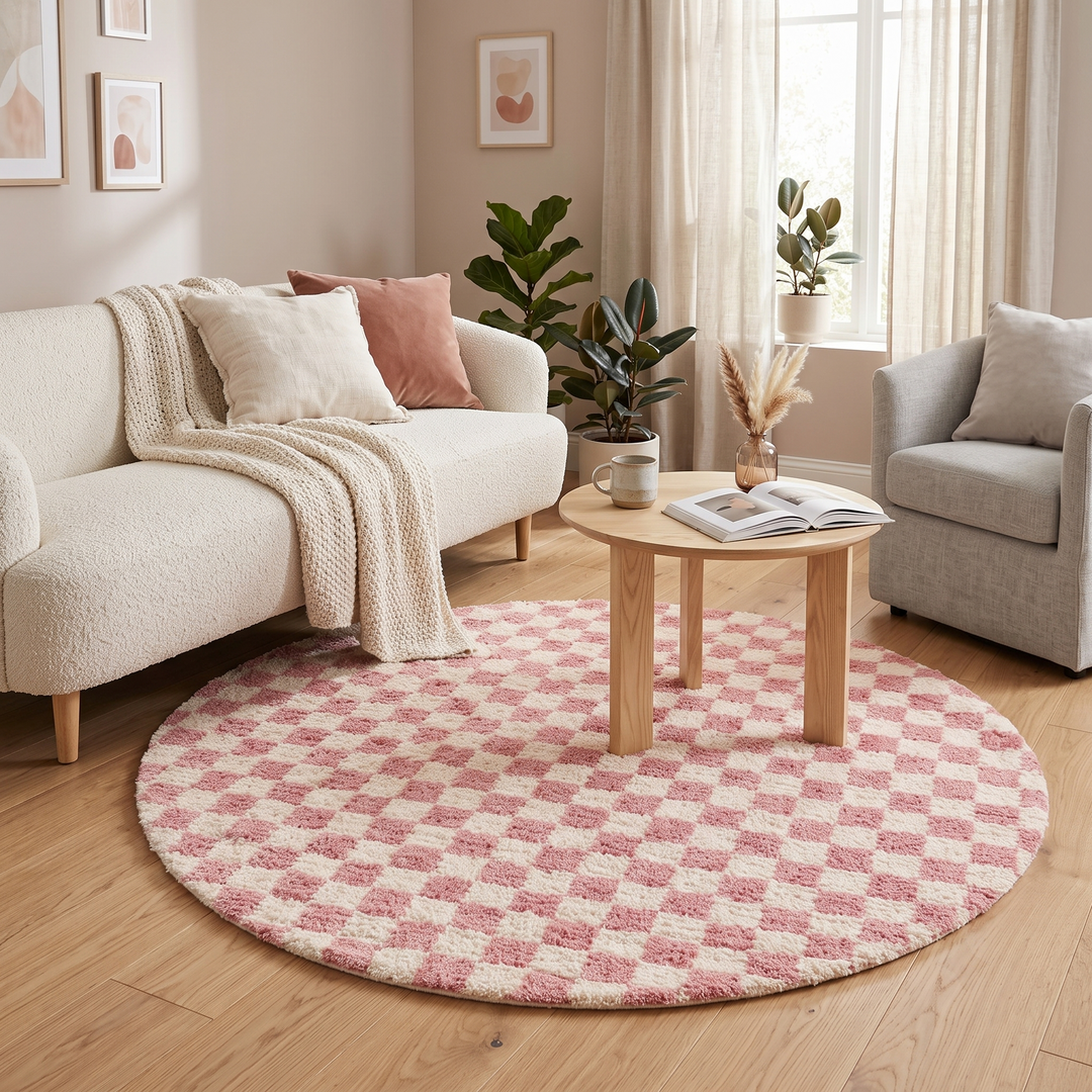 Handmade round Moroccan wool rug with pink and white checkerboard pattern, featuring a soft plush texture.