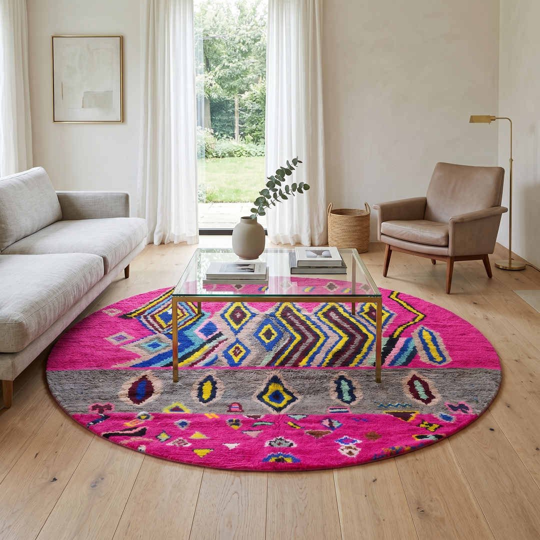 Round pink Moroccan wool rug with colorful Berber geometric patterns