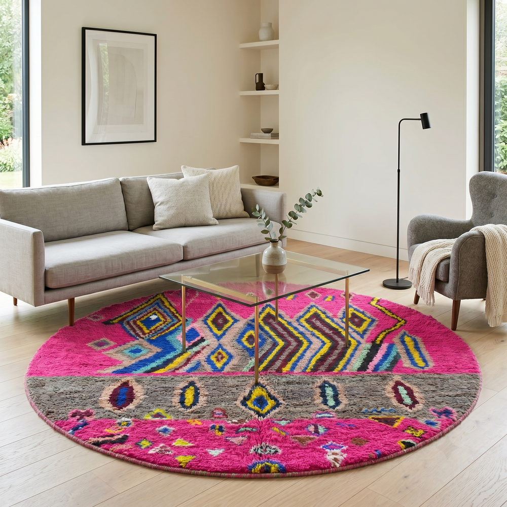Round pink Moroccan wool rug with colorful Berber geometric patterns