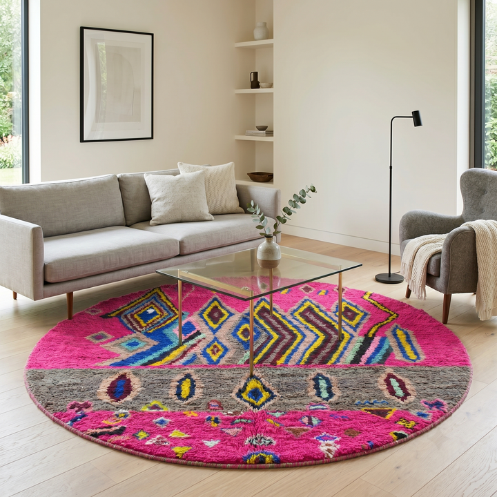 Round pink Moroccan wool rug with colorful Berber geometric patterns
