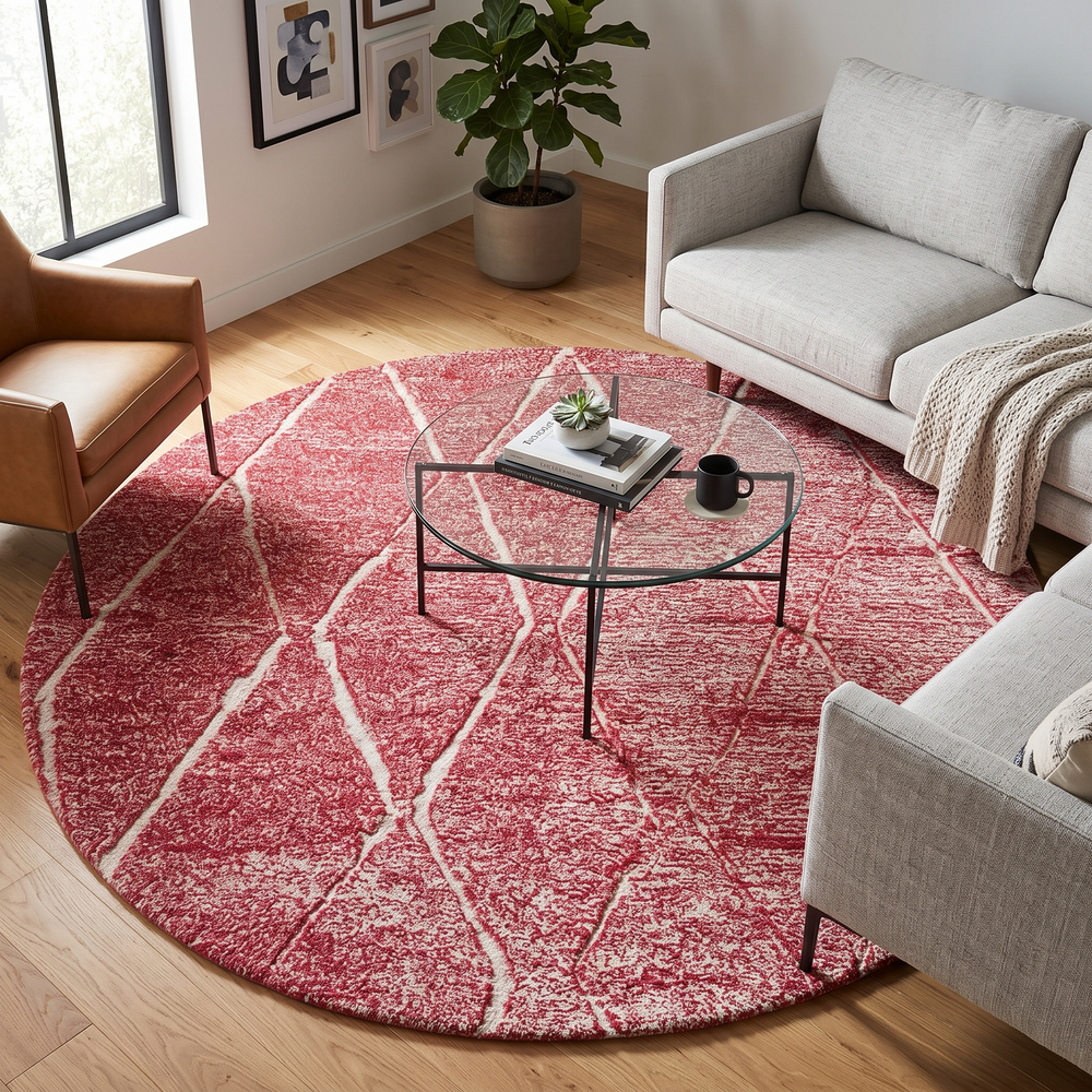 Round pink Moroccan wool rug with white Beni Ourain diamond pattern, handmade by Berber artisans