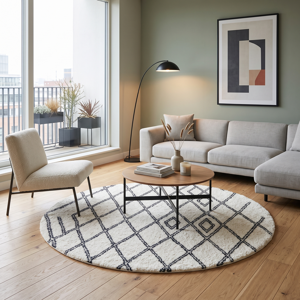 Round white Moroccan wool rug with black Beni Ourain diamond pattern