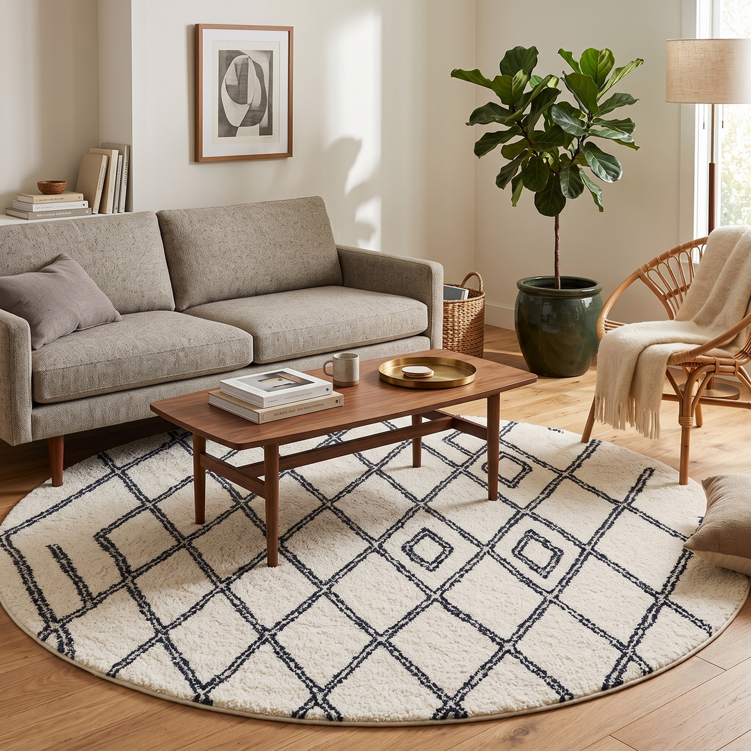 Round white Moroccan wool rug with black Beni Ourain diamond pattern
