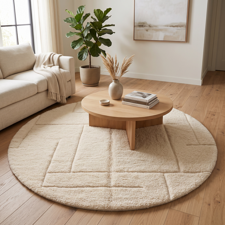 Round white Moroccan wool rug with subtle carved geometric line pattern