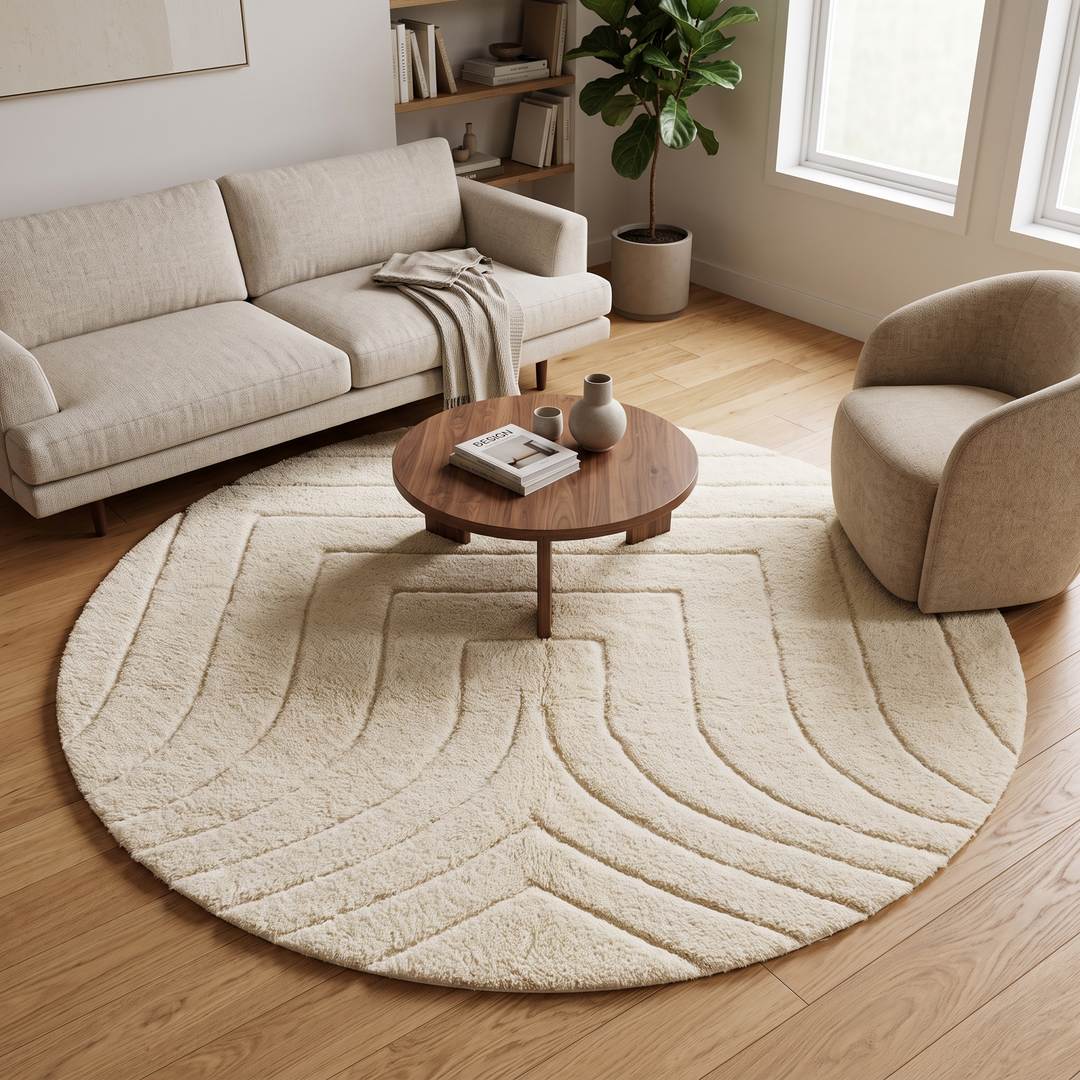Round white Moroccan wool rug with subtle carved geometric line pattern
