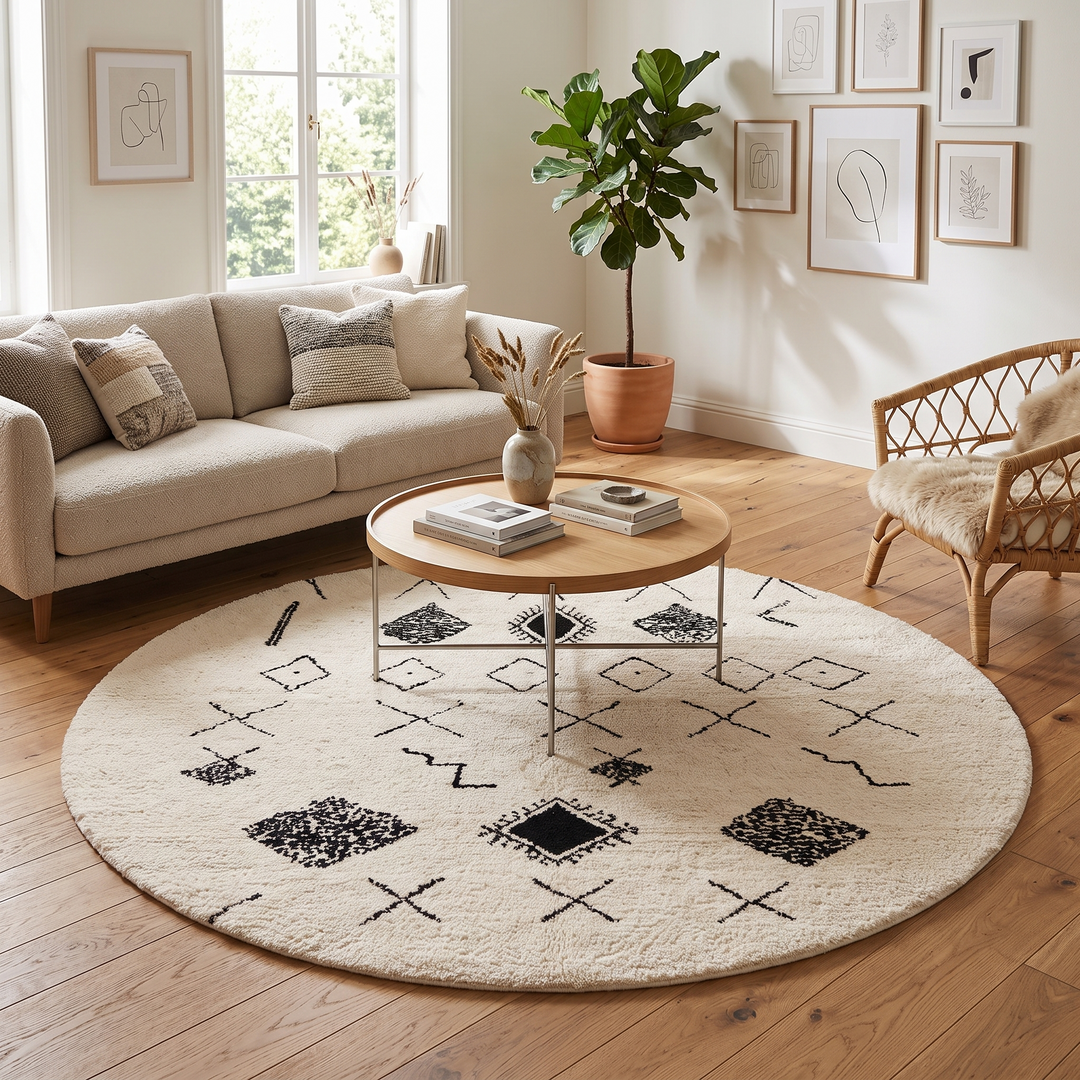 Round white Moroccan wool rug with black Berber symbols and geometric patterns on white background