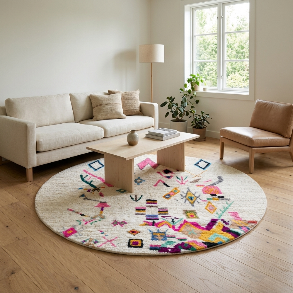 Round white Moroccan wool rug with colorful Berber symbols on white background