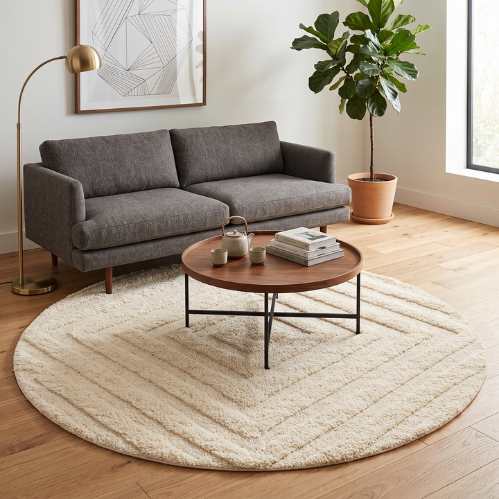 Round white Moroccan wool shag rug with minimalist solid design