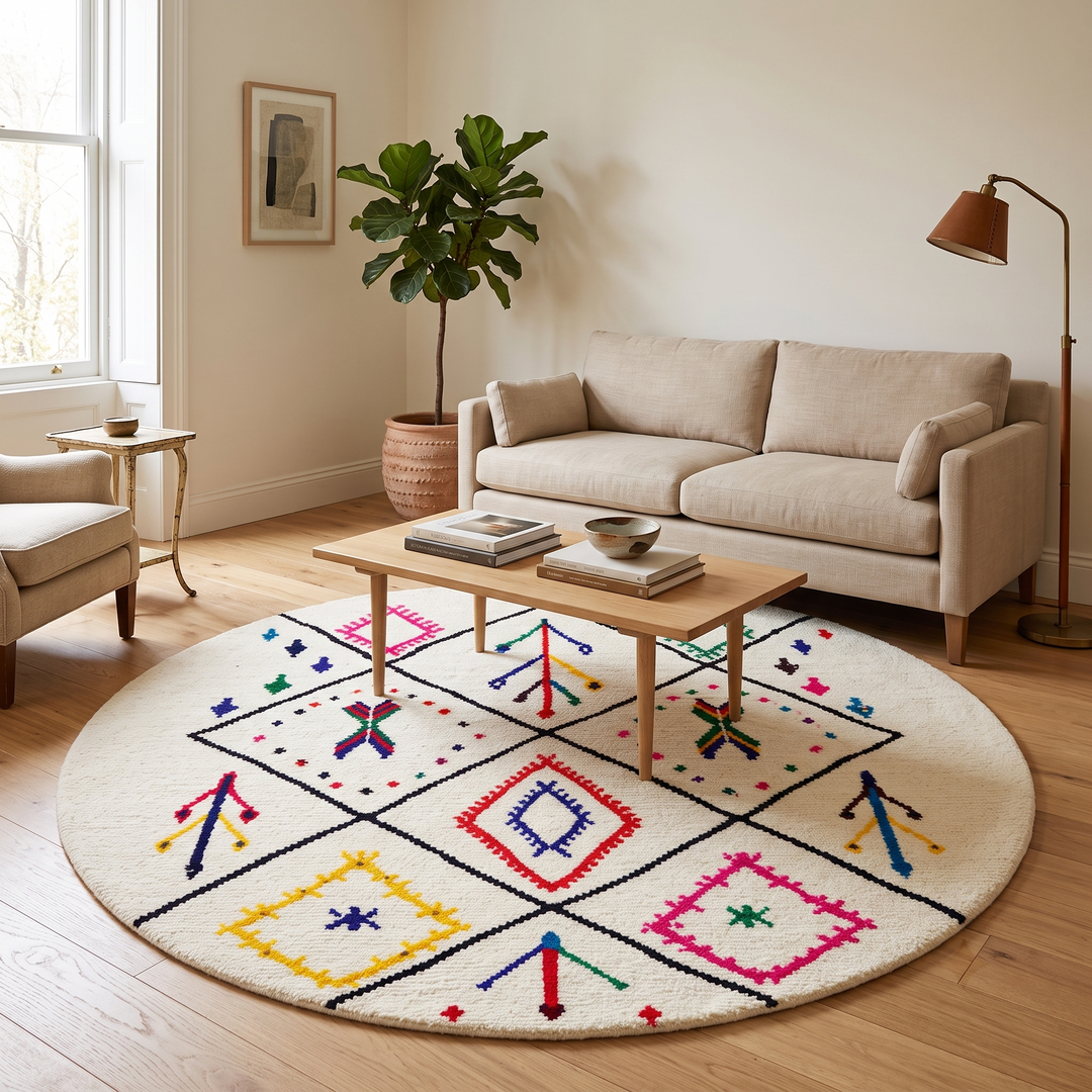 Handmade round Moroccan wool rug with colorful Berber symbols and black geometric lines