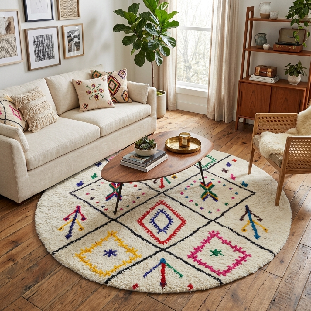 Handmade round Moroccan wool rug with colorful Berber symbols and black geometric lines