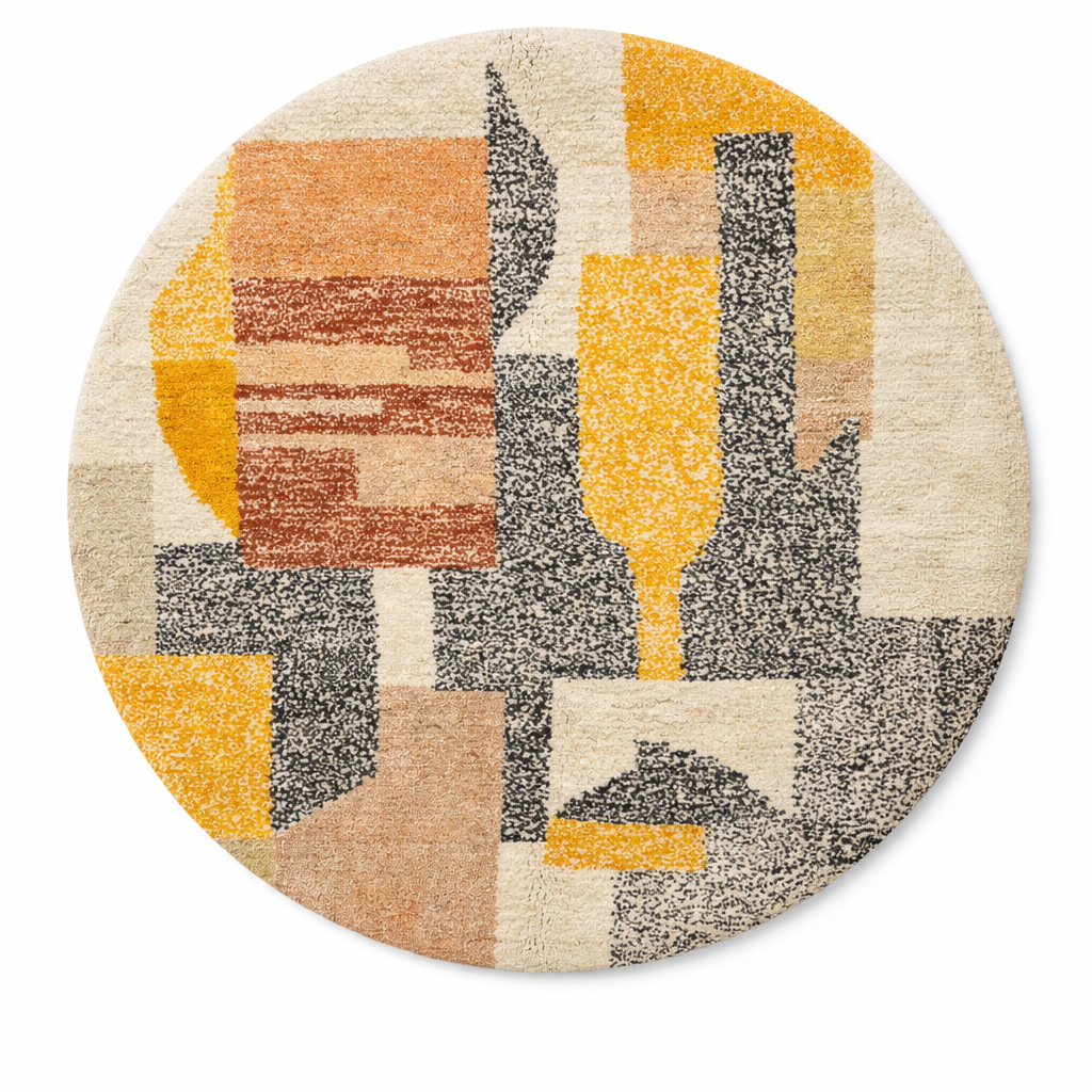 Round abstract Moroccan wool rug with geometric blocks in mustard, terracotta, ivory and charcoal on white background