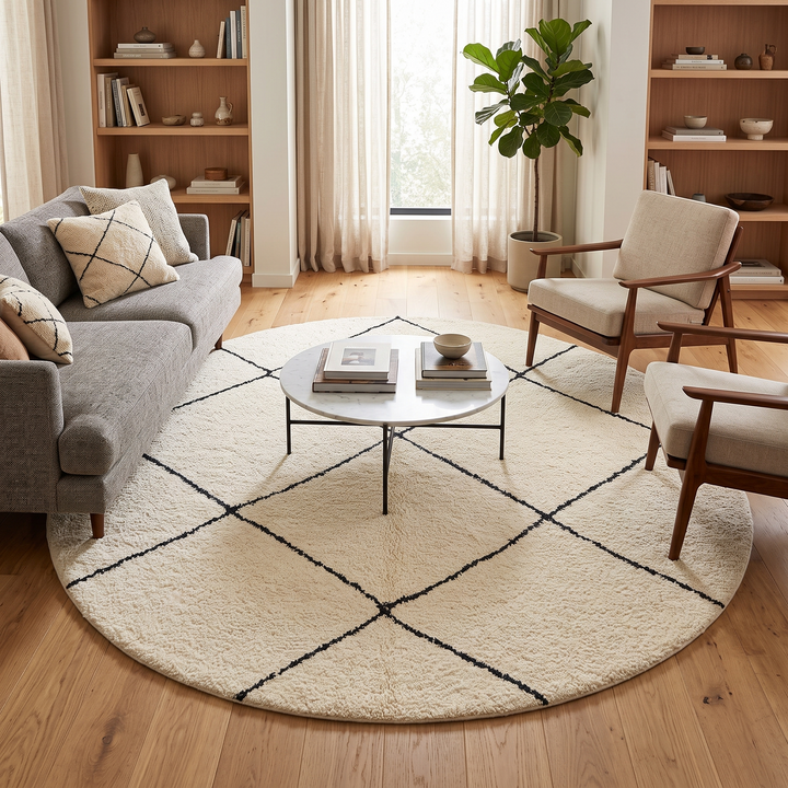 Round Beni Ourain Moroccan rug with white wool base and black diamond pattern, handmade wool carpet