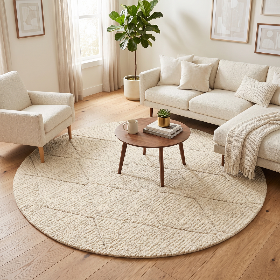 Round Moroccan wool rug with subtle carved diamond pattern, handmade by Berber artisans