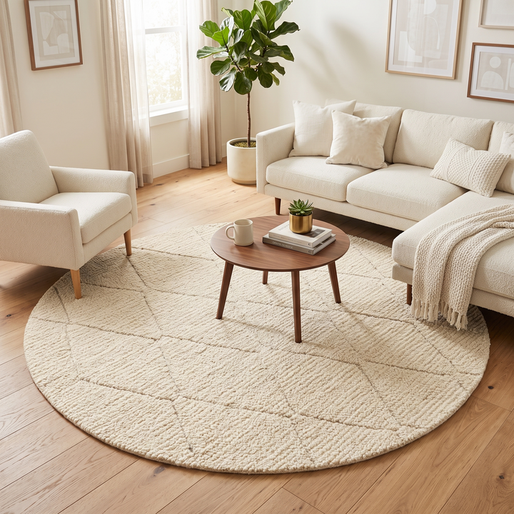 Round Moroccan wool rug with subtle carved diamond pattern, handmade by Berber artisans