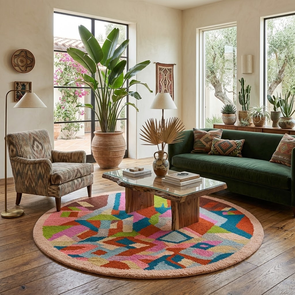 Round colorful Moroccan wool rug with abstract Berber pattern handmade by artisans