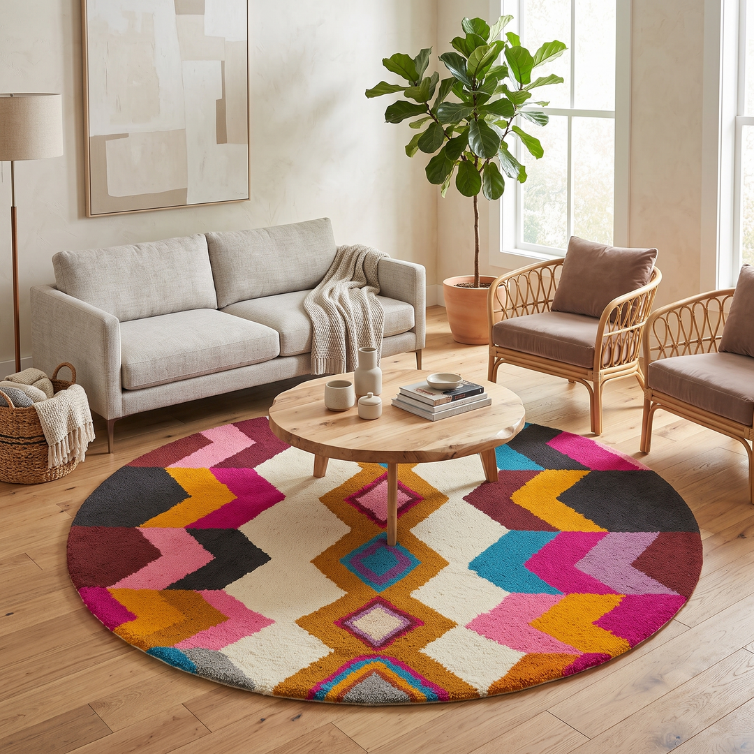 Round Moroccan wool rug with colorful diamond and chevron design handmade by artisans